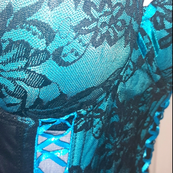 ☆Brand NEW☆Sexy Lace Push-Up Teal Blue & Black Bustier/G-String/Corset Set-Small - Picture 8 of 16